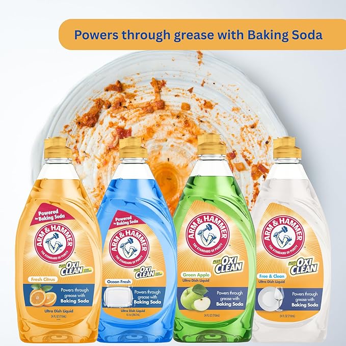 Arm & Hammer + OxiClean Dish Soap, Crisp Apple Scent, 24 oz, Powerful Grease-Cutting Liquid Dish Detergent