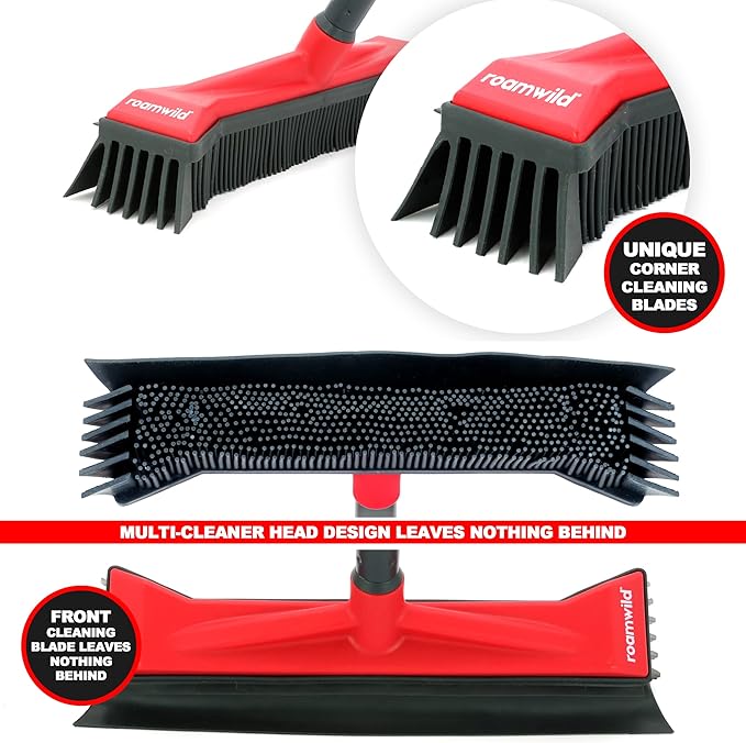 Roamwild Multi-Cleaner Rubber Pull Broom & Dustpan Combo Set with Unique Corner Cleaning Blades for Wet & Dry Mess Pet Hair Fur Removal for Hard Floors and Carpets