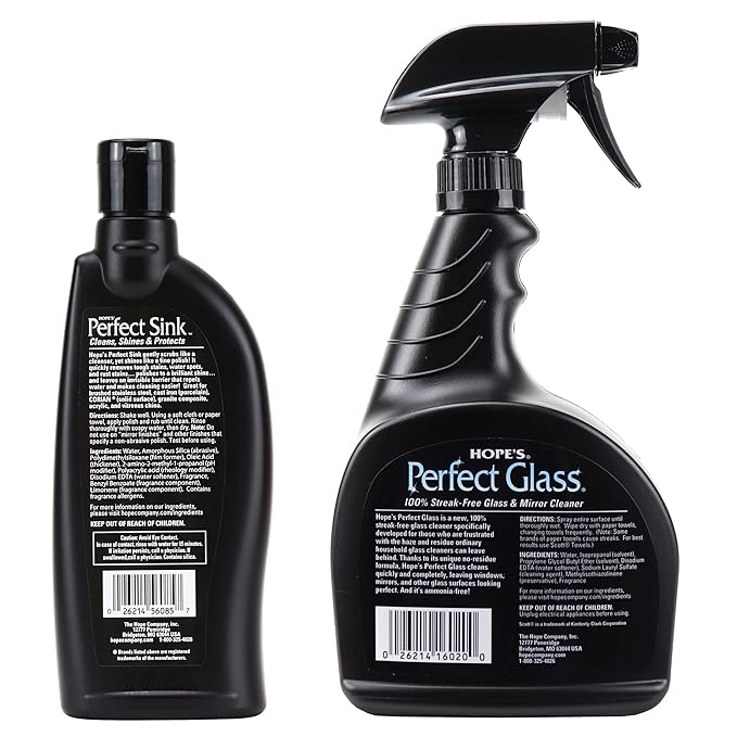 HOPE'S Perfect Sink Cleaner and Polish, 8.5 Fl Oz, and Perfect Glass Cleaner Spray with Microfiber Cloth, 32 Fl Oz, Bundle