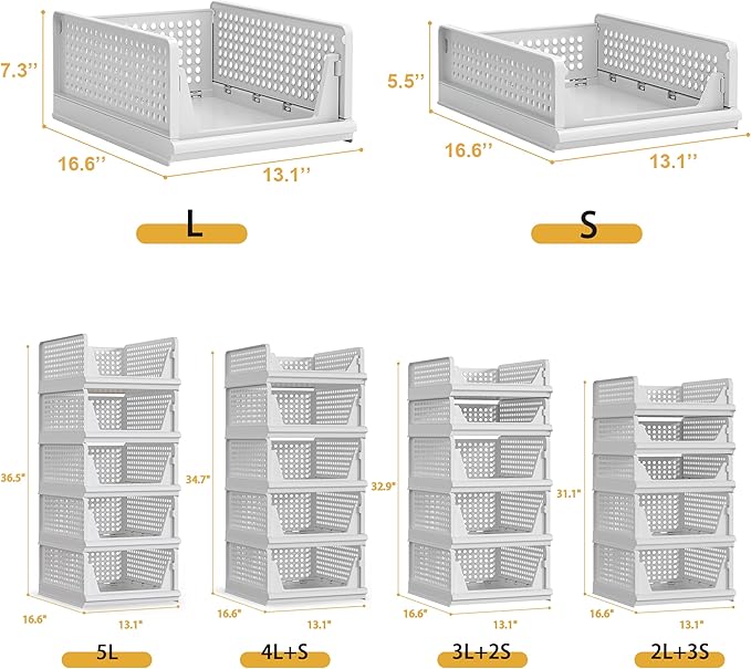 Proarea 5 Pack Stackable Plastic Storage Basket Closet Organizer Bin Foldable Clothes Organizer Storage Drawer Shelf Container for Living room Bathroom Kitchen Office (3L+2S), White, YG-3L2S