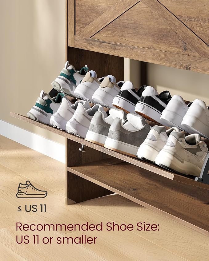 VASAGLE Shoe Storage Cabinet Organizer with 2 Flip Drawers, Freestanding Narrow Shoe Rack Cabinet for Entryway, Farmhouse Style, Fits 14 to 16 Pairs, Honey Brown UHSC203KB01S