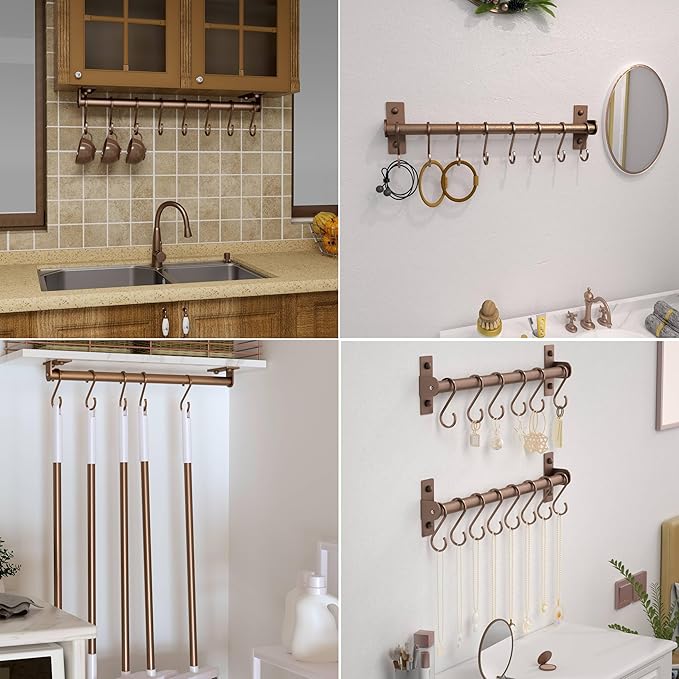 Dseap Kitchen Utensil Holder Hanger, Pot and Pan Rack Wall Mounted, Kitchen Rail with 8 Hooks for Hanging Cooking Utensils, Mugs, Spoons, Wall Mounted, Antique Copper New, Pack of 2