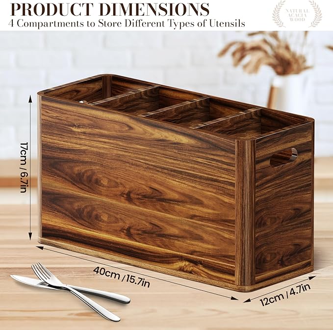 Yirilan Wooden Kitchen Utensil Holder for Counter, Acacia Wood Utensil Holder for Storage Cooking and Silverware with 4 Compartment, Rustic Wooden Organizer Container