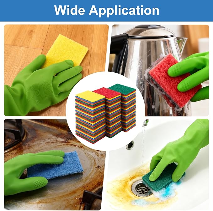 100 Pcs Scouring Pads,Heavy Duty Scour Pads,Dish Scrubber Scouring Pad,Reusable Non Scratch Household Scrub Pad for Dish Kitchen Scrubbers & Metal Grills,4.3 x 3 x 0.3 in (Multicolor)