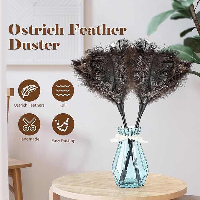 Natural Ostrich Feather Duster 14.9 inch Fluffy Mini Dusters with Plastic Handheld for Cleaning Car Keyboard Office 2 PCS