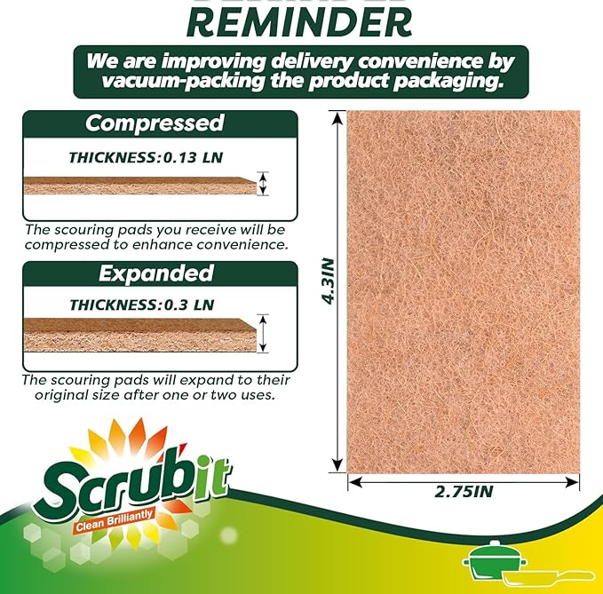 SCRUBIT 50 Pack Natural Scouring Pads - Heavy Duty Scrubbing Pads for Dishes - Non-Scratch - Reusable - Natural, Eco-Friendly, Biodegradable Sisal Brown Sponges for Dishes, Compostable
