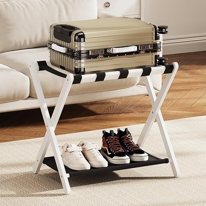 Fully Assembled Luggage Rack, 26.77" Folding Suitcase Stand with Storage Shelf, Bamboo Luggage Stand for Guest Room, Bedroon and Hotel, Holds up to 165 lb, Fit Most Luggage Size, 1 Pack, White