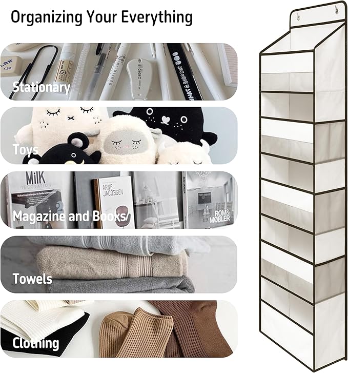 TYMENSH Over Door Organizer with 5 Large Pockets, Heavy Duty Hanging Organizer Storage, Closet Bathroom Nursery Bedroom Dorm, Toys Cosmetics Sundries and Baby Essentials, White