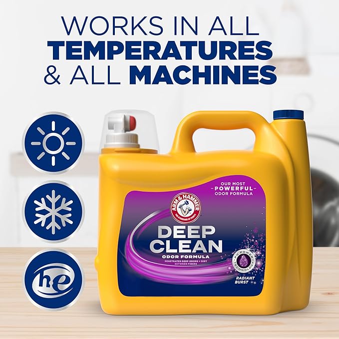 ARM & HAMMER Deep Clean Odor Formula Liquid Laundry Detergent, Radiant Burst Scent, 150 Fl Oz, 100 Loads