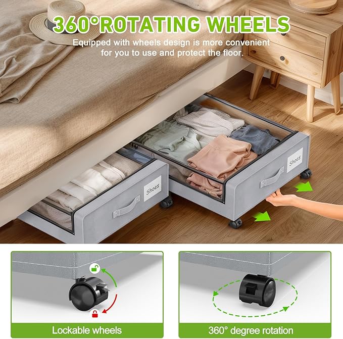 Molutsody Under Bed Storage with Wheels, 4-Pack Underbed Storage Containers with Clear Lids, Under Bed Shoe Storage Organizer, Rolling Under Bed Storage for Clothes Shoes Blankets (Grey)
