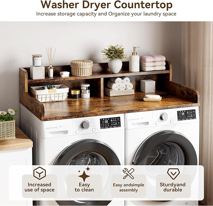 Garvee 54" Washer Dryer Countertop with 2-Tier Shelf, Wooden Laundry Countertop with Non-Slip Pad and Guard Rails, Washer and Dryer Topper for Laundry Room Organization