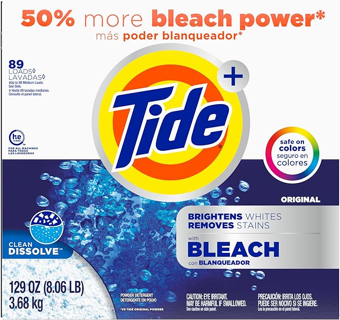 Tide Powder Laundry Detergent with Bleach, Original Scent, 89 Loads, 129 oz