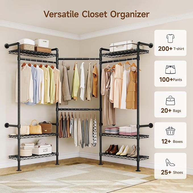 L3 Industrial Pipe Closet Organizer System, Wall Mounted Clothes Rack Clothing Racks with 4 Telescopic Rods & 6 Shelves , Heavy Duty Closet System in Wardrobe Closet (Black)