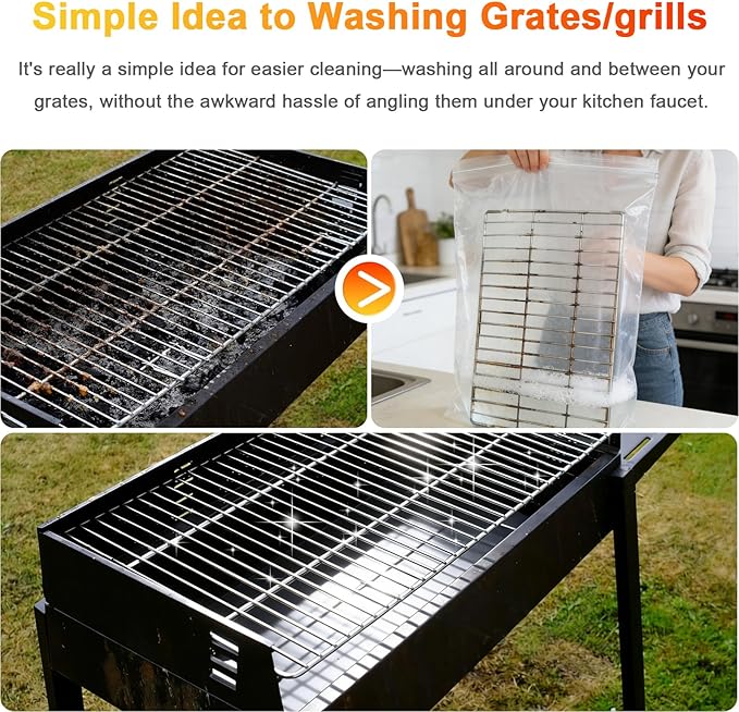 6 Pack Oven Rack Cleaning Bags(No Cleaner Included), Heavy Duty Reusable Leak-Resistant PE Bags for Deep Soaking Grill Grates and BBQ Racks(three 19.6 * 27.5 inch and three 15.7-23.7inch)