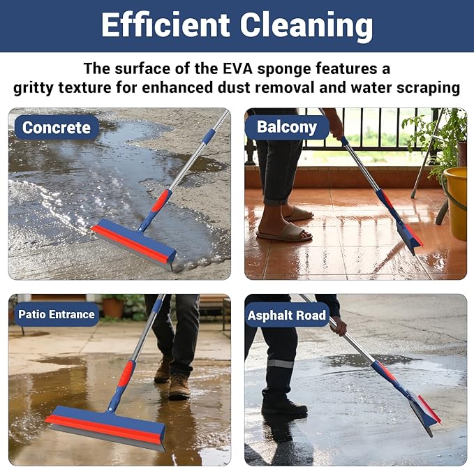 Floor Squeegee for Concrete Floor, 15.8" Large Heavy Duty Squeegee for Floor with 60" Adjustable Handle, 2-in-1 Silicone & EVA Blade for Garage,Concrete,Tile,Bathroom,Window Glass Cleaning
