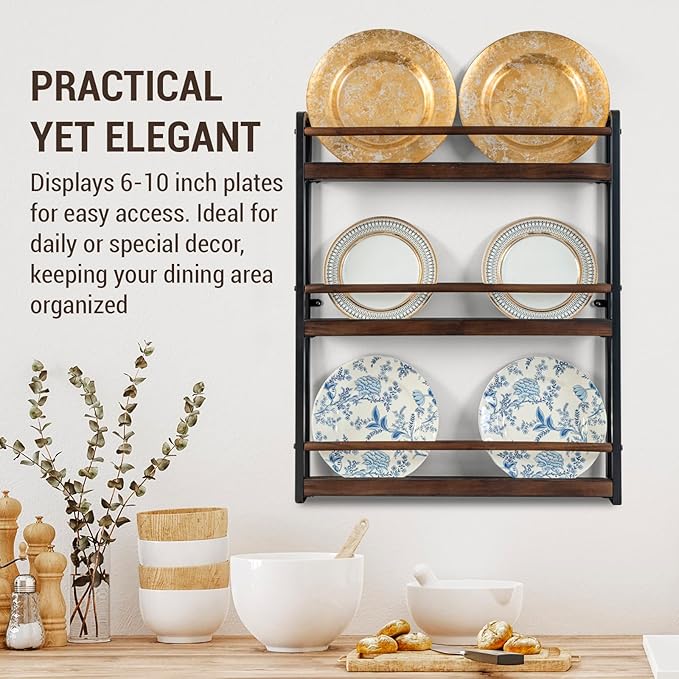 MyGift 3-Tier Wall Mounted Plate Display Rack – Industrial Matte Black Metal & Dark Burnt Wood Storage for 6-10 Inch Plates, Decorative Plate Holder for Kitchen or Dining Room