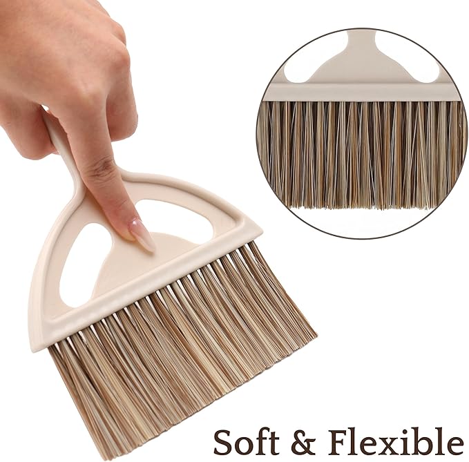 Mini Broom and Dustpan Set, Small Handheld Broom and Dustpan for Desk, Clip-On Hand Brush for Keyboard, Car Interior, Countertop, and Cat Litter Cleaning, Brown