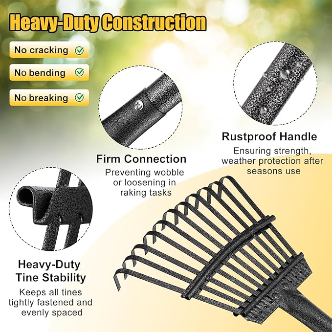 Rake for Leaves: Small Metal Garden Rake, 8.5" Wide, 11 Metal Tines,Heavy Duty Lightweight Kids Leaf Rakes for Small Lawn Yard Shrub,Tight Spot Garden Bed Leaf Debris Picking Cleaning, 60” Long Handle