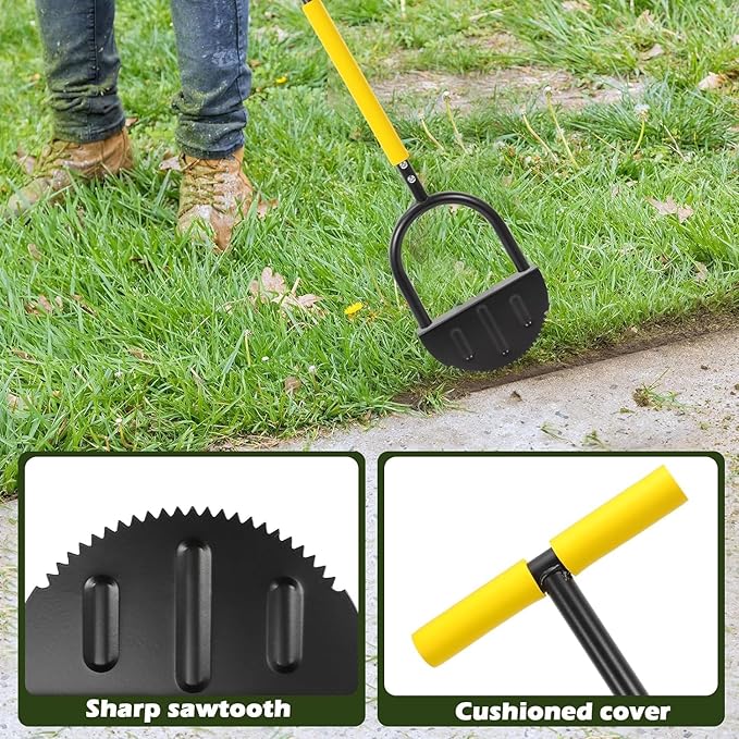 Saw Tooth Edger Lawn Tool with T Grip Handle，Half Moon Shape，Sharp Saw-Tooth，Tool with T Grip Handle, Hand Edging Tools for Landscaping, Garden, Flower Beds, Borders, Sidewalk, Turf, Yard (C)