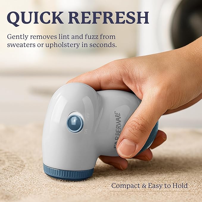 Farberware Fabric Shaver & Lint Remover Set–Battery Operated Sweater Shaver with Triple Blades and Extra Sticky Roller for Pet Hair, Fuzz & Pilling on Clothes, Upholstery & Bedding (Gray/Blue, Small)