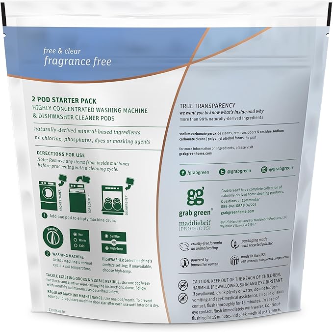 Grab Green Washing Machine Cleaner Pods - Fragrance Free, 2 Cleaning Pods