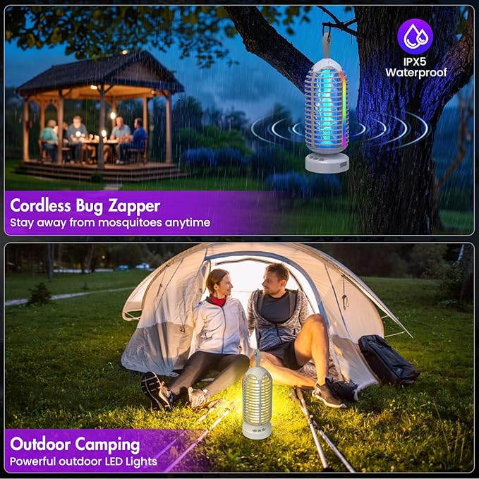 Bug Zapper Outdoor with Colorful Lighting and Auto-Sensing, 3 in 1 Cordless 4000mAh Battery Electric Fly Trap, Rechargeable Mosquito Zapper for Camping, Patios, Garden, Kitchen (2Pack-Grey)