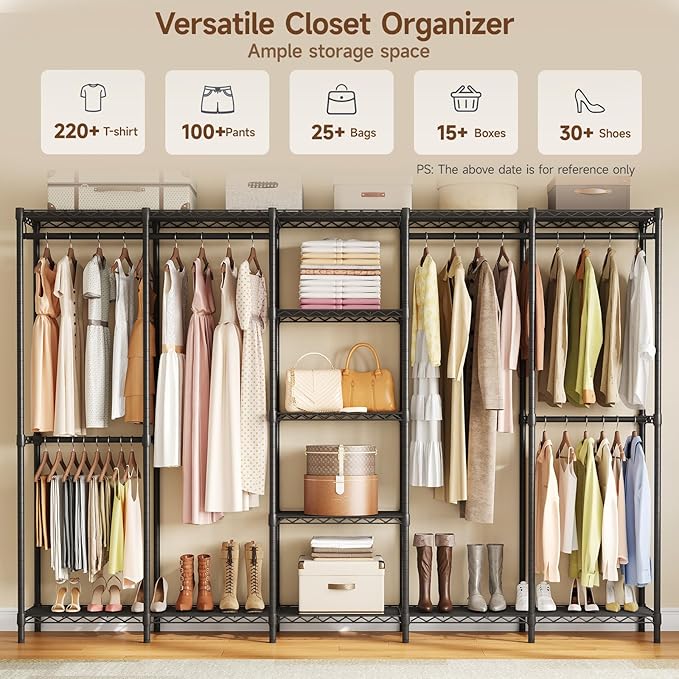 ONBRILL F5 Extra Large Industrial Pipe Clothing Rack, Freestanding Portable Closet Organizer System with Shelves & Hanging Rods, 88.6'' Wide Heavt Duty Clothes Rack, Max Load 1300lbs, Black