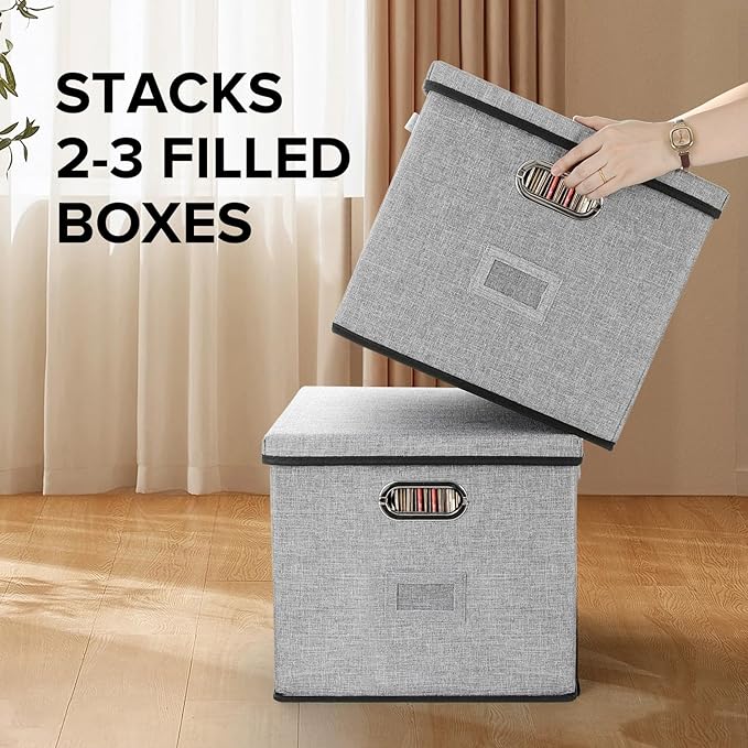 Vinyl Record Storage Box Hold 100+ Lp Albums Foldable Storage Bin with Lid Record Holder for Albums, CDs, DVDs (Grey, Large-2pcs)