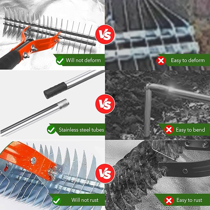 Thatch Rake,15" Lawn Dethatcher Rakes,Dead Grass Remover,Manual Dethatching Rake with Adjustable Length Handle,Scarifier Rake,Thatching Rakes for Lawns Grass Loosening Soil