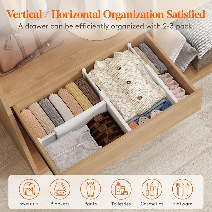 Lifewit 10 Pack 6" High Drawer Dividers 34-56cm/13.5-22" Adjustable Drawer Organizer for Clothes/Utensils, Expandable Drawer Separator in Dresser/Kitchen/Bedroom/Office Organization & Storage White
