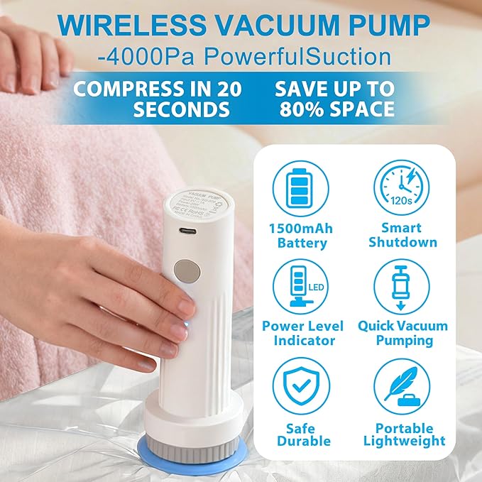 ANBIUX Vacuum Bags for Travel with Rechargeable air Pump, 16 Pack Carry-on Size Compression Packing Bags for Luggage and Suitcase, Space Saver for Clothes and Clothing Travel 16 PACK+PUMP