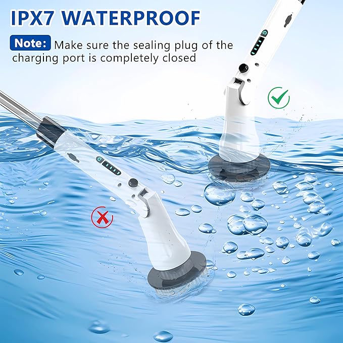 Electric Spin Scrubber, Hillyfe Bathroom Scrubber Electric with 7 Replaceable Brush Heads, IPX7 Waterproof,300/400 RPM, 3 Adjustable Length,Scrubber Brush Electric for Bathtub Floor,White