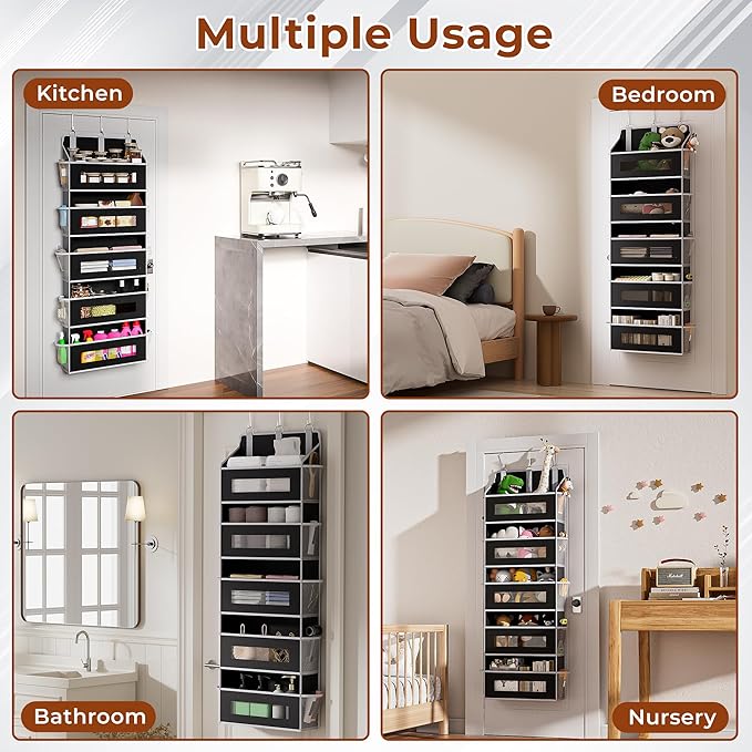 5 Tier Over The Door Organizer - Large Capacity Behind Door Hanging Shelves with 10 Mesh Pockets and Clear Windows, Closet Organizers and Storage for Bathroom, Bedroom, Nursery, 2 Pcak Black