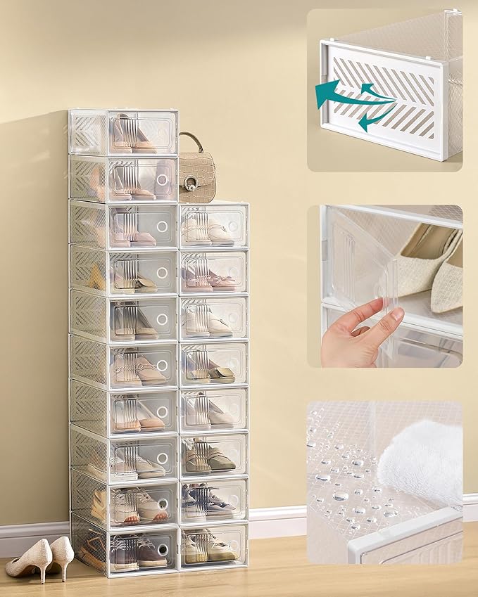 SONGMICS Stackable Shoe Boxes, Foldable Shoe Storage Organizers, Ventilated, for Max. Men's Shoes US Size 9 or Women's Shoes US Size 11, Sneakers, Set of 12, Transparent and White ULSP106W12V2