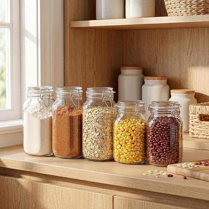 78oz - 3 Pack Square Glass Jars with Airtight Lid, Wide Mouth Mason Jars with Clamp Lids, Air Tight Glass Canisters, Best Food Storage Containers for Flour, Sugar, Cereal, Pasta, Rice, Coffee, Spice