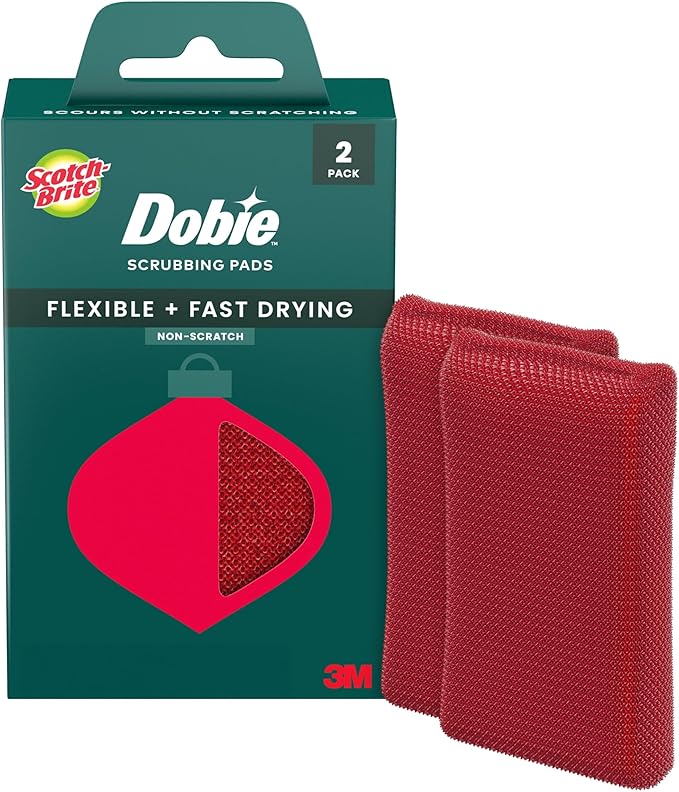 Scotch-Brite Dobie Pads, Dobie Sponge for All Purpose Cleaning of Kitchen, Bathroom, and Household, Non Scratch Dobie Cleaning Pads Safe for Non-Stick Cookware, 2 Holiday Red Dobie Pads