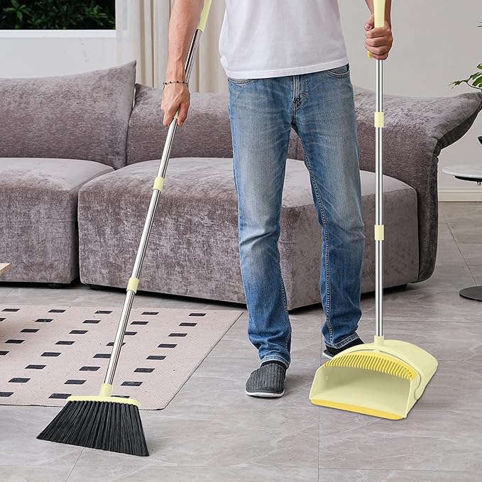 Broom and Dustpan Set House Brooms for Sweeping Indoor Collapsible Broom and Dust Pan Combo for Home Office Kitchen Lobby Floor Pet Hair (Small-Yellow)
