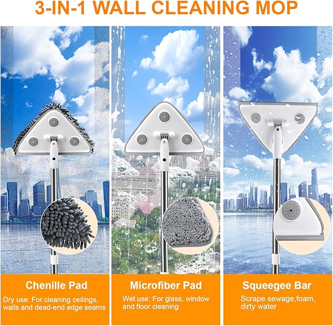 MUEE Professional Window Squeegee, 3 in 1 Squeegee Window Cleaner l with Long Handle , Window Washing Kit, Glass Door Cleaner, Multi-Use Car Washer Cleaning Tool for High Outdoor Walls/Glass/Window