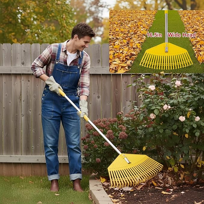 Lightweight Leaf Rake for Lawns - Anti-Break Nylon Plastic Head,Easy Yard & Garden Rake for Women,Seniors,Kids, 16.5" Wide for Leaves, Grass,Pine Needles,Gardening,Adjustable 35–65" Long Handle