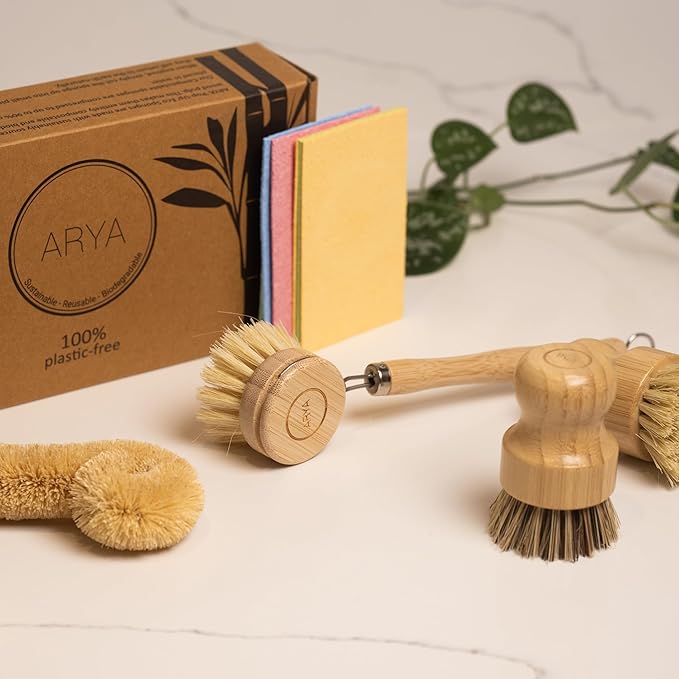 Wooden Dish Brush Set | 4 Kitchen Washing Up Brushes & One Replacement Head | Bamboo & Natural Fibers | Eco Friendly Wooden Pot Brush Scourer Scrubber Sponge Alternative