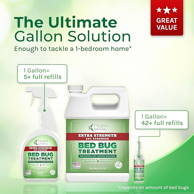 Hygea Natural Extra Strength Bed Bug & Mite Spray- Child & Pet friendly - Stain & Odor Free - 66% Stronger Natural Formula (128 oz)