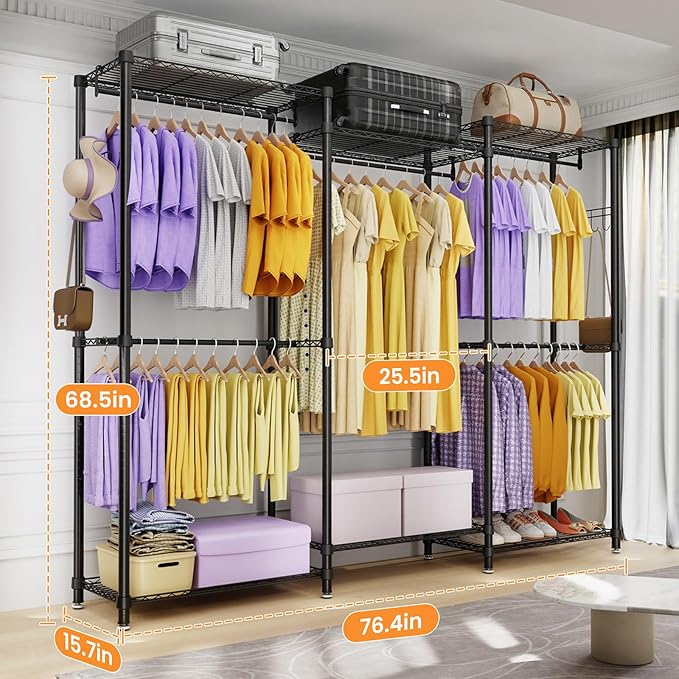 Extra Large Clothes Rack, Heavy Duty Clothing Rack for Hanging Clothes, Freestanding Clothing Rack Closet, Adjustable Metal Garment Rack, Portable Closet 76.4"W x 15.7"D x 68.5"H, Hold 792 lbs, Black