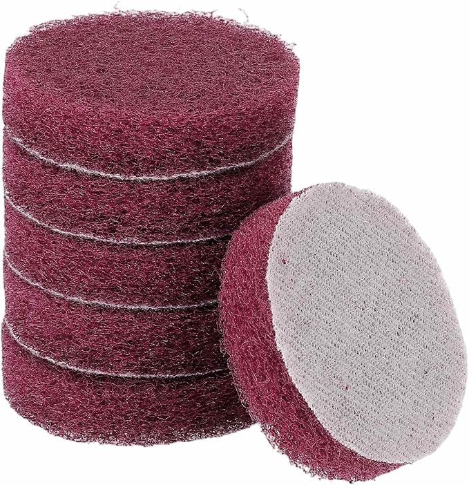 HARFINGTON 6pcs Scrubber Scouring Pads 400 Grits 2 Inch Drill Power Brush Hoop and Loop Surface Conditioning Disc Drill Scuffing Disc Scrub Pads for Home Kitchen Cleaning, Red