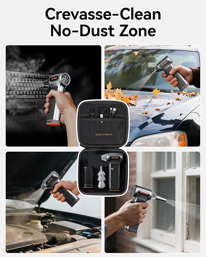 WOLFBOX MF200-2PK Compressed Air Duster - 2 Swappable Battery Packs & Case, Hurricane-Force Electric Air Blower for PC, Car Detailing, Camping & Home, High-Pressure Duster for Narrow Gaps & Crevices