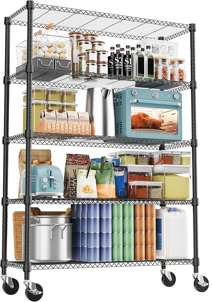 M MZG 1750LBS 47.2" W 5 Tiers Storage Shelves Metal Shelving Unit with Wheels Heavy Duty Garage Shelving Adjustable Wire Shelves for Pantry,Kitchen,Garage,Basement,Black 17.7" D x 47.2" W x 76.8" H