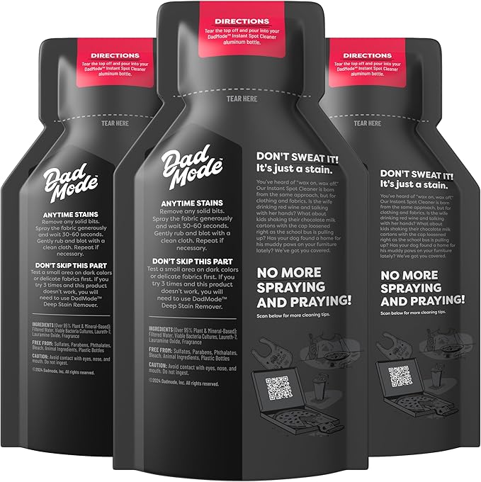 DadMode Instant Fabric Spot Cleaner | 1000 Stain Treatments | Fastest Clothing Spill Remover | 3-Pack Refill | Quick Spray & Wipe | Multi-Surface for Clothes, Carpet & Upholstery | Sandalwood & Suede