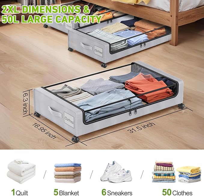Molutsody Under Bed Storage with Wheels, 2-Pack Underbed Storage Containers with Clear Lids, Under Bed Shoe Storage Organizer Bins, Rolling Under Bed Storage for Clothes Shoes Blankets (Grey)