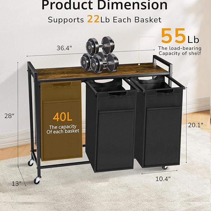Laundry Hamper with Shelf, Laundry Basket with 3 Pull-Out Removable Bags, 3x 10.6 Gallons(120L), Metal Frame, Lockable Wheels, for Laundry Room and Bedroom