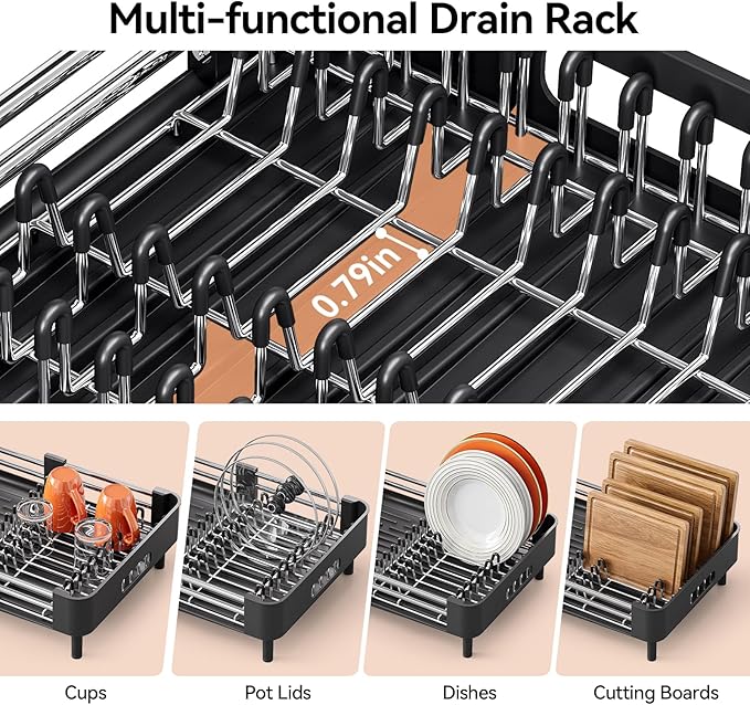 Urackify Stainless Steel Dish Drying Rack - Dish Drainer for Kitchen Counter, Extendable Drainboard with Foldable, Space-Saving Cup & Bowl Organizer, Includes Knife and Utensil Holder, Black