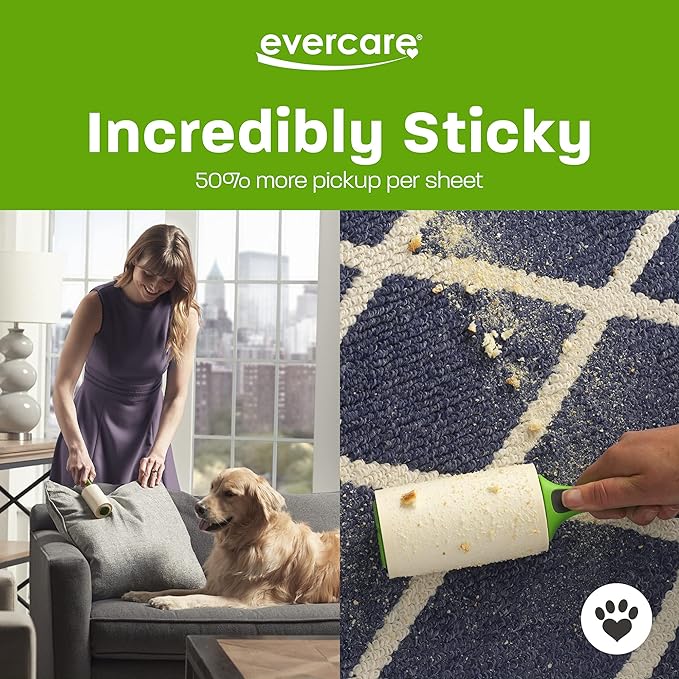 Evercare Giant Extreme Stick Lint Roller Brushes with 60 Easy-Peel Sheets, Pack of 5 Refillable Lint Rollers for Hair and Debris (300 Sheets Total)